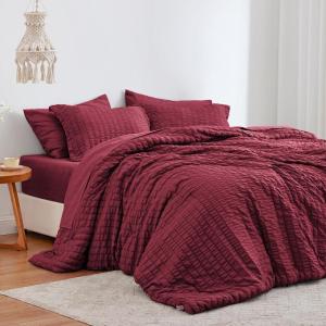 Love’s cabin Seersucker Dark Grey Queen Comforter Set 7 Pieces, All Season Bedding Set, Queen Bed in a Bag Comforter Set with Comforter, Flat Sheet, Fitted Sheet, Pillowcase and Pillow Sham(Burgundy)