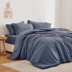 Love’s cabin Seersucker Dark Grey Queen Comforter Set 7 Pieces, All Season Bedding Set, Queen Bed in a Bag Comforter Set with Comforter, Flat Sheet, Fitted Sheet, Pillowcase and Pillow Sham(Navy Blue)