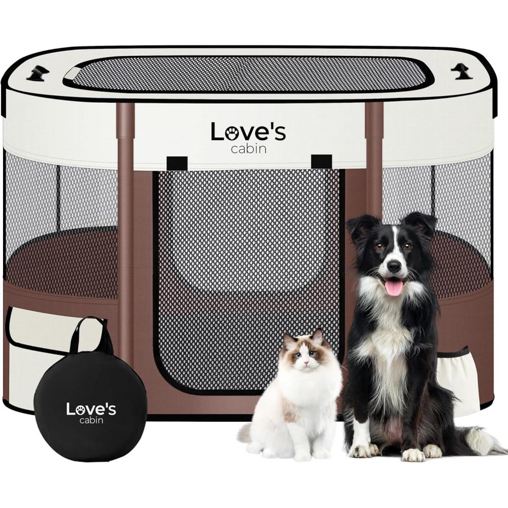 imageLoves cabin Pet Puppy Dog Playpen Small Dog Tent Crates Cage IndoorOutdoor Portable Exercise Playpen for Cat Foldable Pop Up Dog Kennel Playpen with Carring Case S PinkBrown