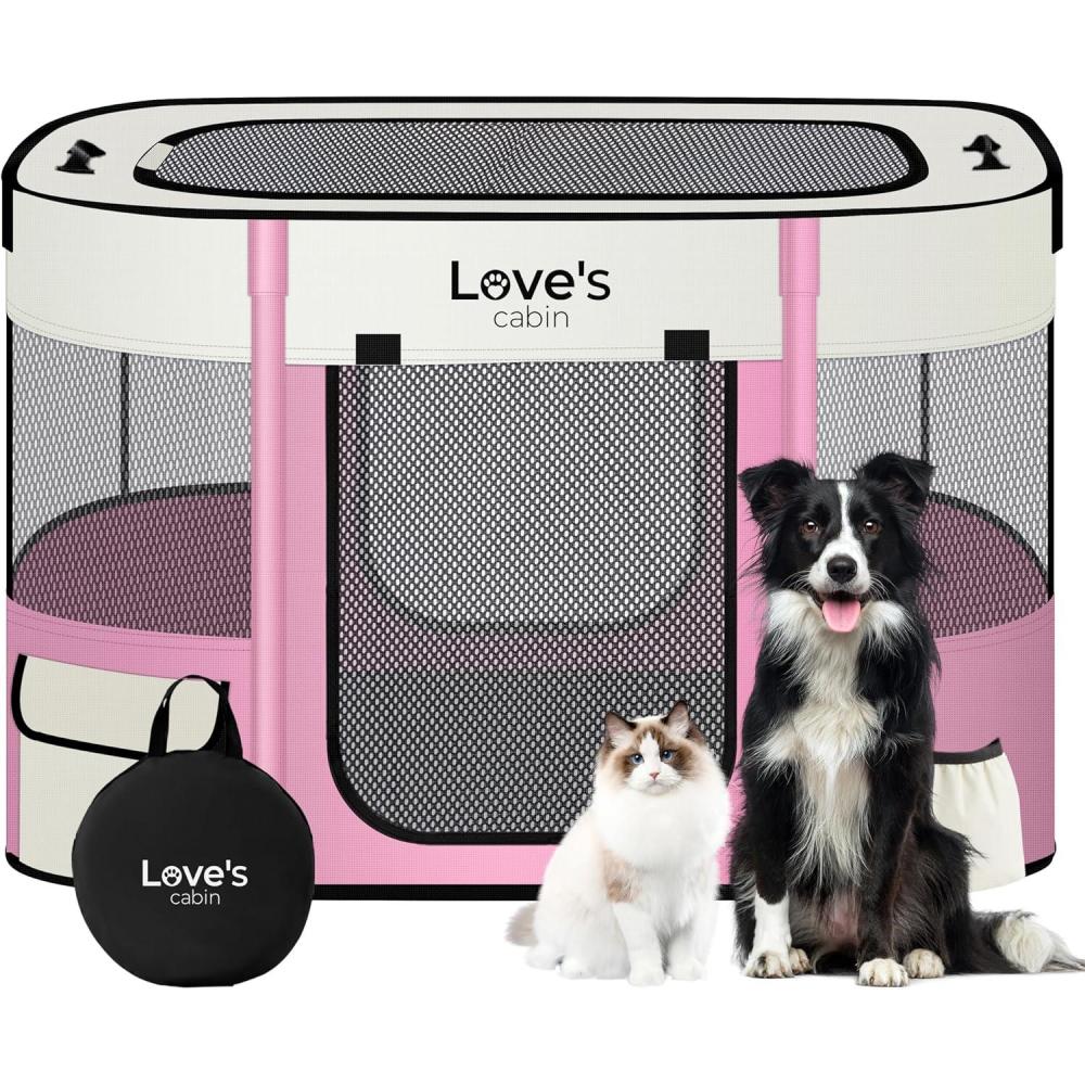 imageLoves cabin Pet Puppy Dog Playpen Small Dog Tent Crates Cage IndoorOutdoor Portable Exercise Playpen for Cat Foldable Pop Up Dog Kennel Playpen with Carring Case S PinkLight Pink