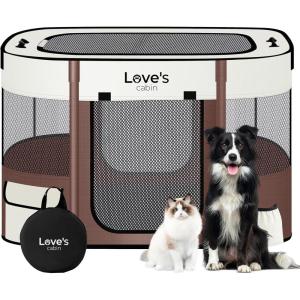 Love’s cabin Pet Puppy Dog Playpen, Small Dog Tent Crates Cage Indoor/Outdoor, Portable Exercise Playpen for Cat, Foldable Pop Up Dog Kennel Playpen with Carring Case (S, Pink)(Brown)