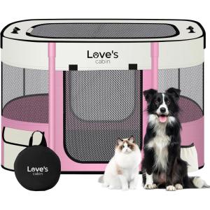 Love’s cabin Pet Puppy Dog Playpen, Small Dog Tent Crates Cage Indoor/Outdoor, Portable Exercise Playpen for Cat, Foldable Pop Up Dog Kennel Playpen with Carring Case (S, Pink)(Light Pink)