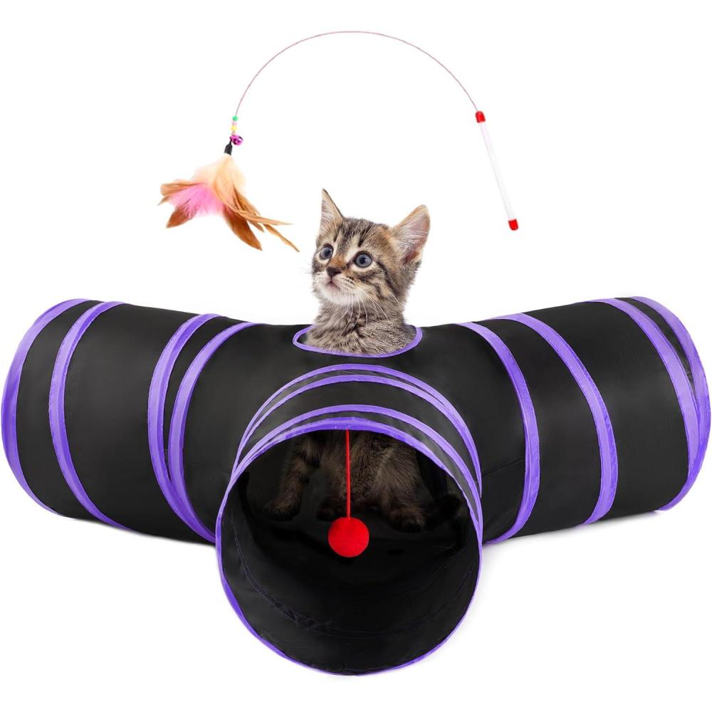 imageLoves cabin Cat Tunnels for Indoor Cats Cat Tube Toys 3 Way Collapsible Pet Play Tunnel with Peek Hole Toy Ball for Kitty Kitten Rabbit BlackampampPurple Small Size 236quotX13quotX11quotBlackPurple