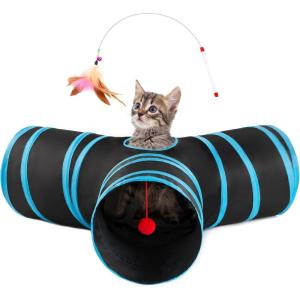 Love’s cabin Cat Tunnels for Indoor Cats, Cat Tube Toys 3 Way Collapsible, Pet Play Tunnel with Peek Hole Toy Ball for Kitty, Kitten, Rabbit, Black&Purple, Small Size (23.6″X13″X11″)(Black&Blue)