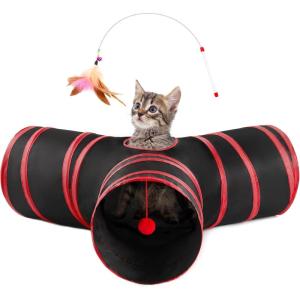 Love’s cabin Cat Tunnels for Indoor Cats, Cat Tube Toys 3 Way Collapsible, Pet Play Tunnel with Peek Hole Toy Ball for Kitty, Kitten, Rabbit, Black&Purple, Small Size (23.6″X13″X11″)(Black&Red)