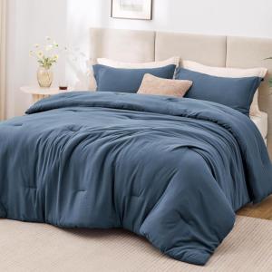 Love’s cabin Beige Full Comforter Set, 3 Pieces Prewashed Full Size Bedding Set with 1 Comforter (79″×90″) and 2 Pillowcases (20″×26″), Lightweight & Breathable Bed Set for All Seasons(Navy Blue)