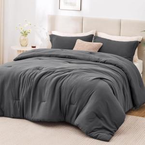 Love’s cabin Beige Full Comforter Set, 3 Pieces Prewashed Full Size Bedding Set with 1 Comforter (79″×90″) and 2 Pillowcases (20″×26″), Lightweight & Breathable Bed Set for All Seasons(Dark Grey)