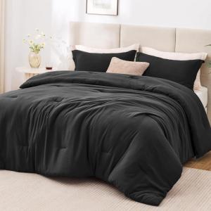Love’s cabin Beige Full Comforter Set, 3 Pieces Prewashed Full Size Bedding Set with 1 Comforter (79″×90″) and 2 Pillowcases (20″×26″), Lightweight & Breathable Bed Set for All Seasons(Black)