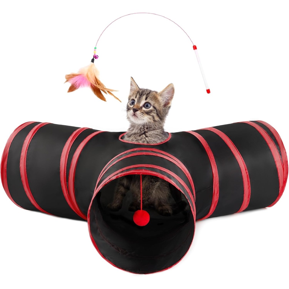 imageLoves Cabin Cat Tunnel for Indoor Cats 3Way Collapsible Play Tunnel with Teaser Wand Peek Holes amp Toy Ball Small Pet Toy for Kittens amp Rabbits Black amp Blue Medium SizeBlackRed
