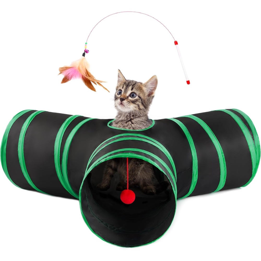 imageLoves Cabin Cat Tunnel for Indoor Cats 3Way Collapsible Play Tunnel with Teaser Wand Peek Holes amp Toy Ball Small Pet Toy for Kittens amp Rabbits Black amp Blue Medium SizeBlackGreen