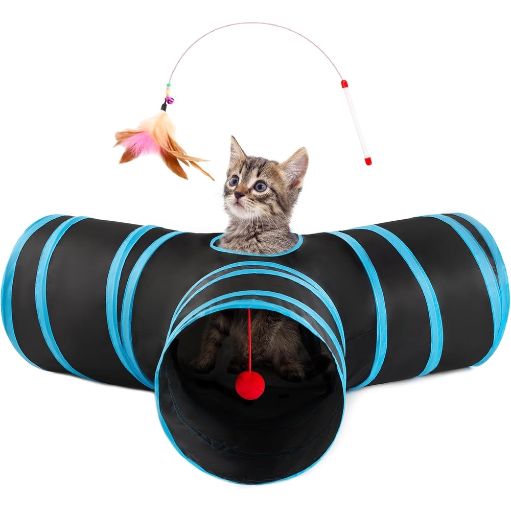 imageLoves Cabin Cat Tunnel for Indoor Cats 3Way Collapsible Play Tunnel with Teaser Wand Peek Holes amp Toy Ball Small Pet Toy for Kittens amp Rabbits Black amp Blue Medium SizeBlackBlue