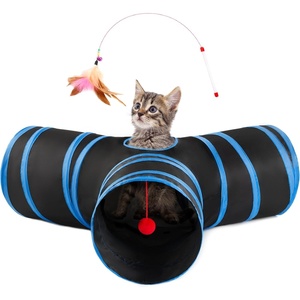 Love’s Cabin Cat Tunnel for Indoor Cats, 3-Way Collapsible Play Tunnel with Teaser Wand, Peek Holes & Toy Ball, Small Pet Toy for Kittens & Rabbits, Black & Blue, Medium Size(Black&Royal Blue)