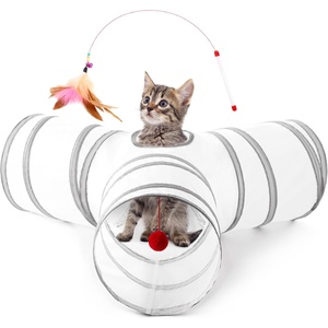 Love’s Cabin Cat Tunnel for Indoor Cats, 3-Way Collapsible Play Tunnel with Teaser Wand, Peek Holes & Toy Ball, Small Pet Toy for Kittens & Rabbits, Black & Blue, Medium Size(White&Light Grey)
